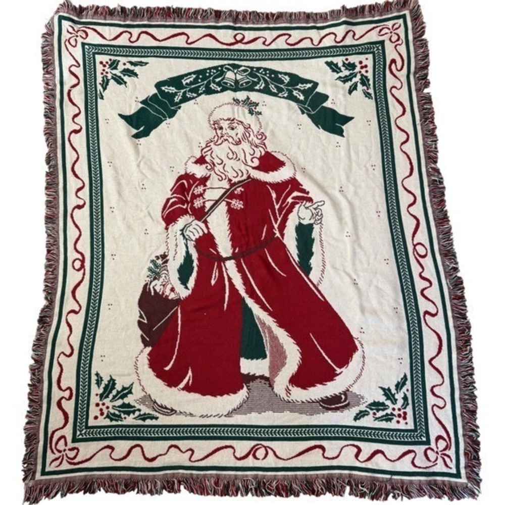 Vintage Christmas Throw Blanket Santa Claus Red Green Vintage Goodwin Weavers